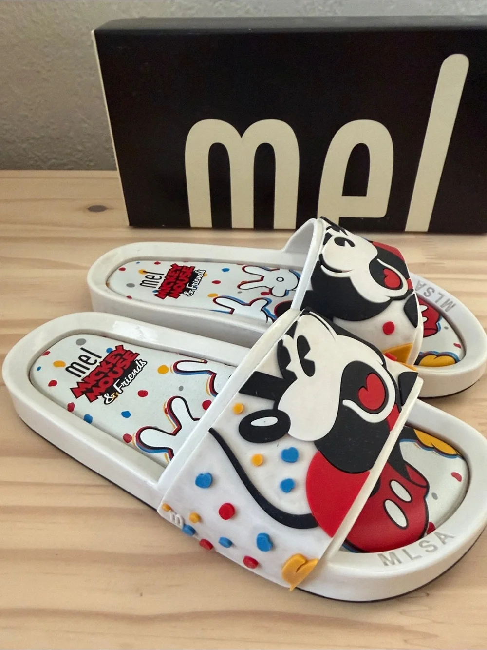 Melissa Mickey Mouse Kids Slide Sandals with Cartoon Print - White, Black, Red